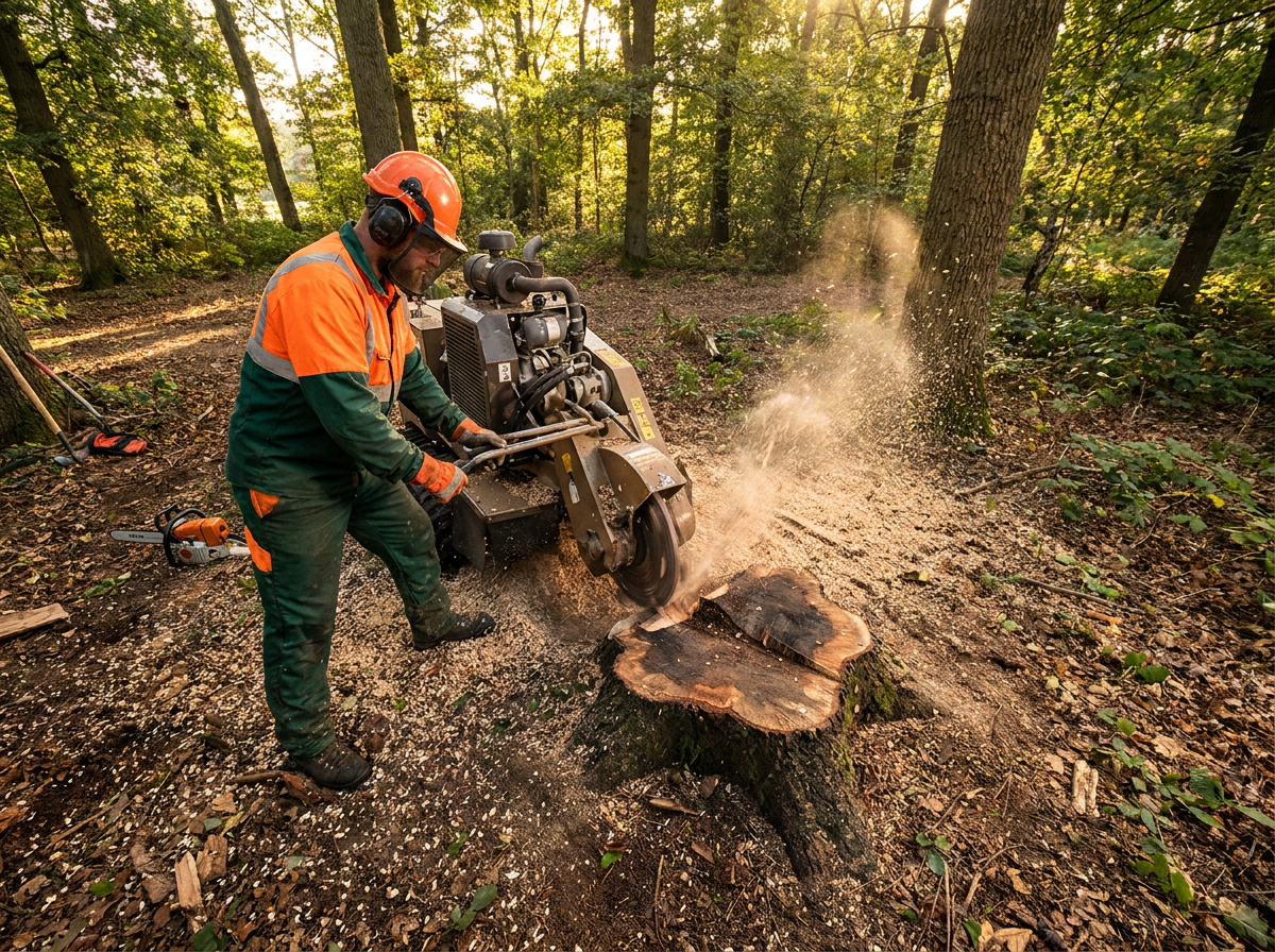 Stump grinder breaking down a tree stump in a residential yard