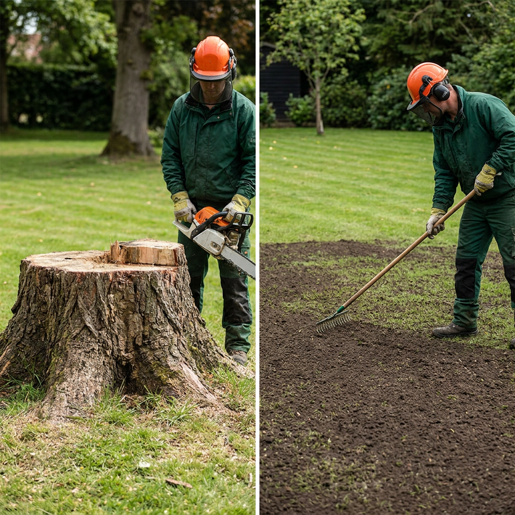 Before and after of a tree stump removed flush with the lawn