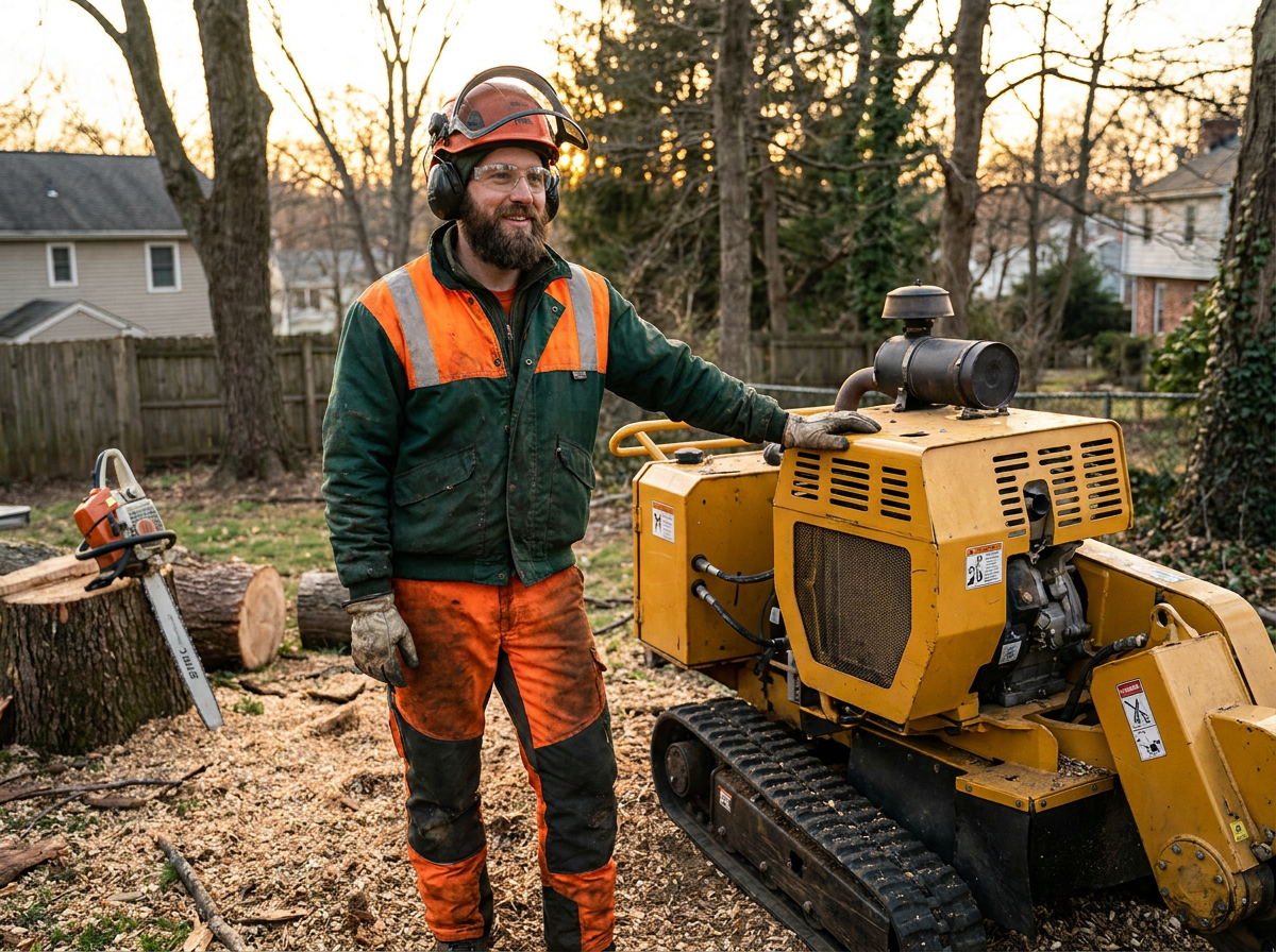 Professional arborist next to a yellow stump grinder
