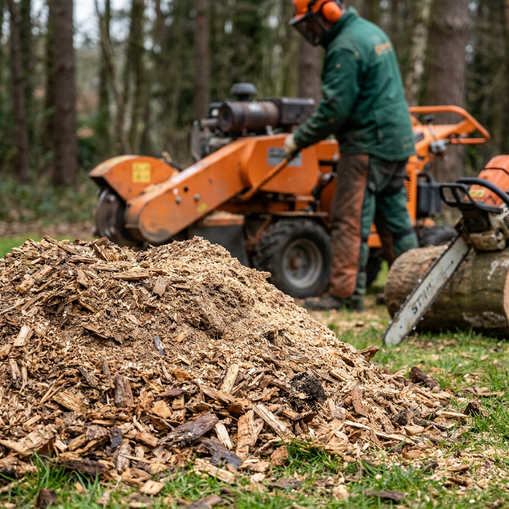 Pile of fresh wood chips and sawdust from a stump grinding job